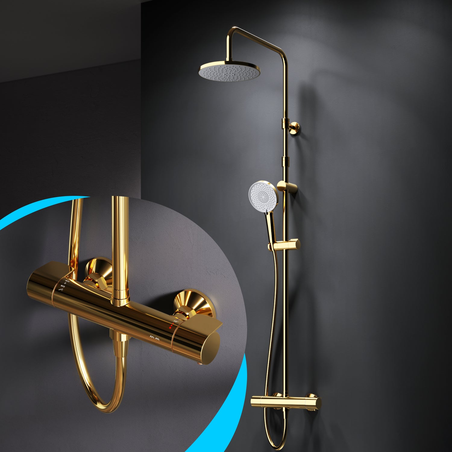 F07XA499 Système de douche avec robinetterie de douche thermostatique Ensemble de douche à effet pluie X-Joy colonne de douche, or