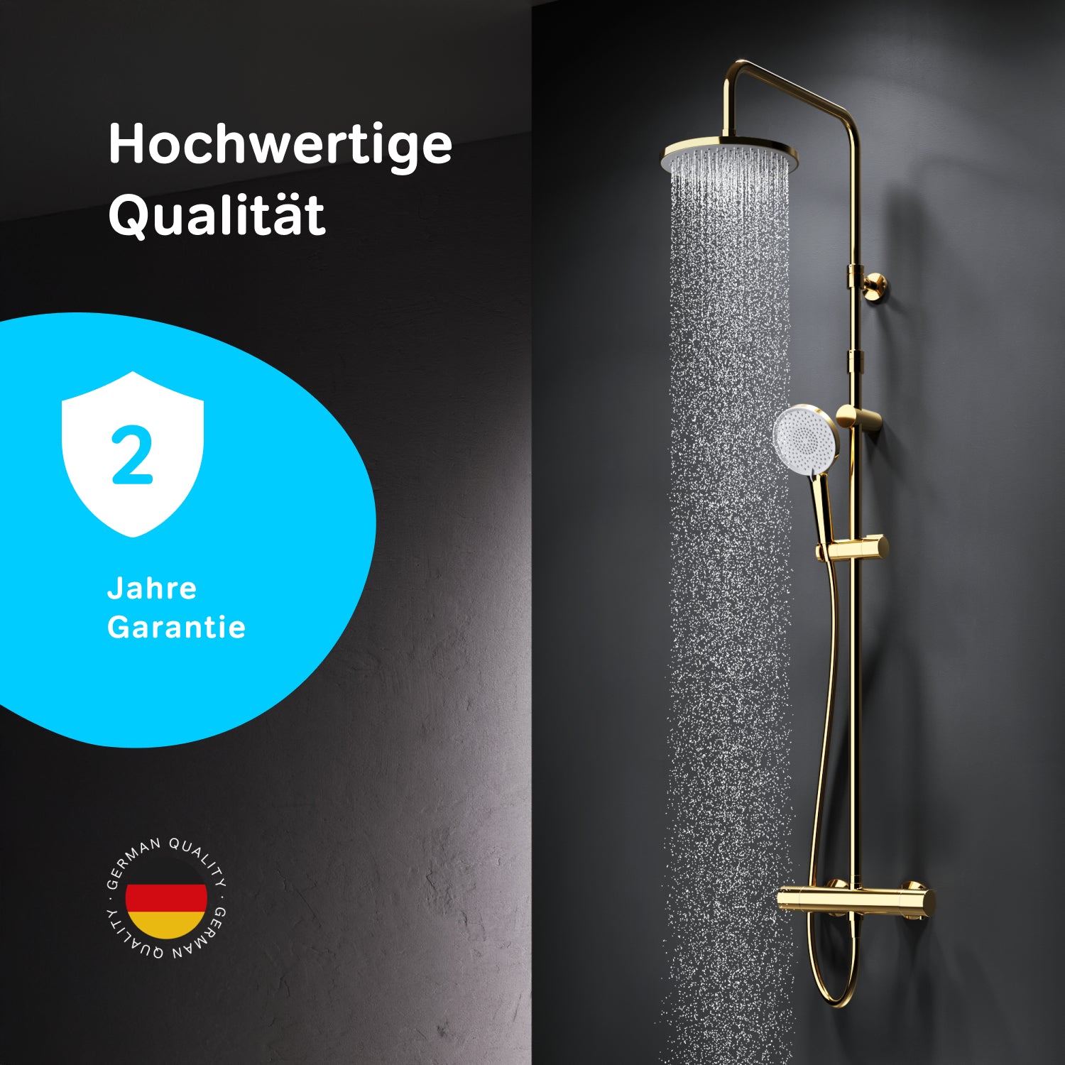 F07XA499 Système de douche avec robinetterie de douche thermostatique Ensemble de douche à effet pluie X-Joy colonne de douche, or