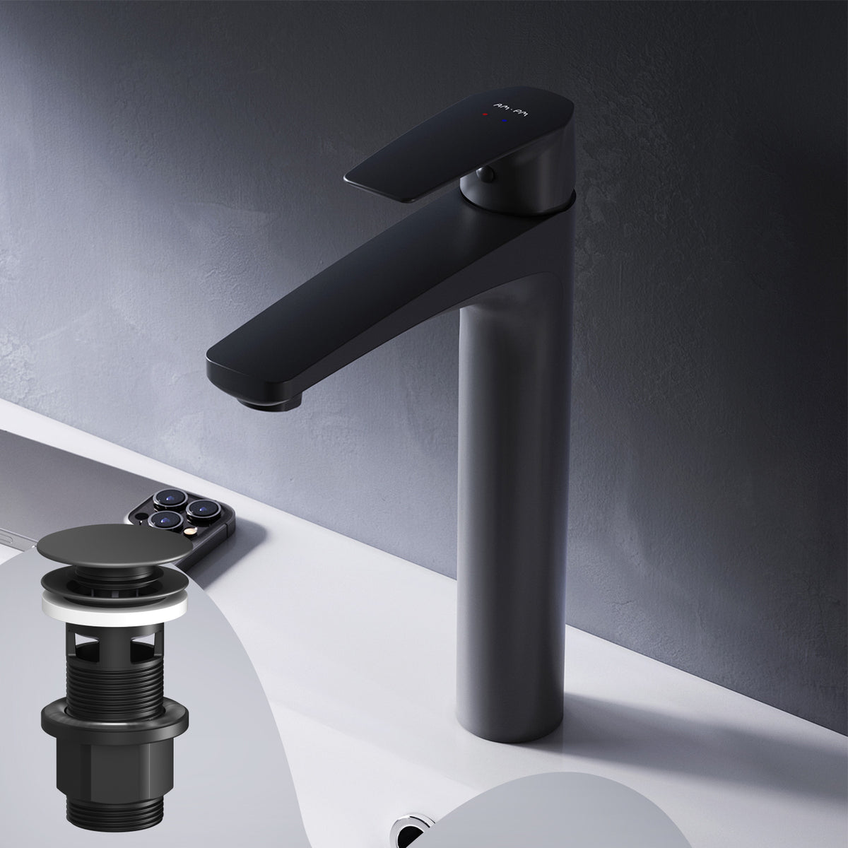 Robinet mitigeur de lavabo haut Gem avec bonde clic-clac, noir–FGA92222