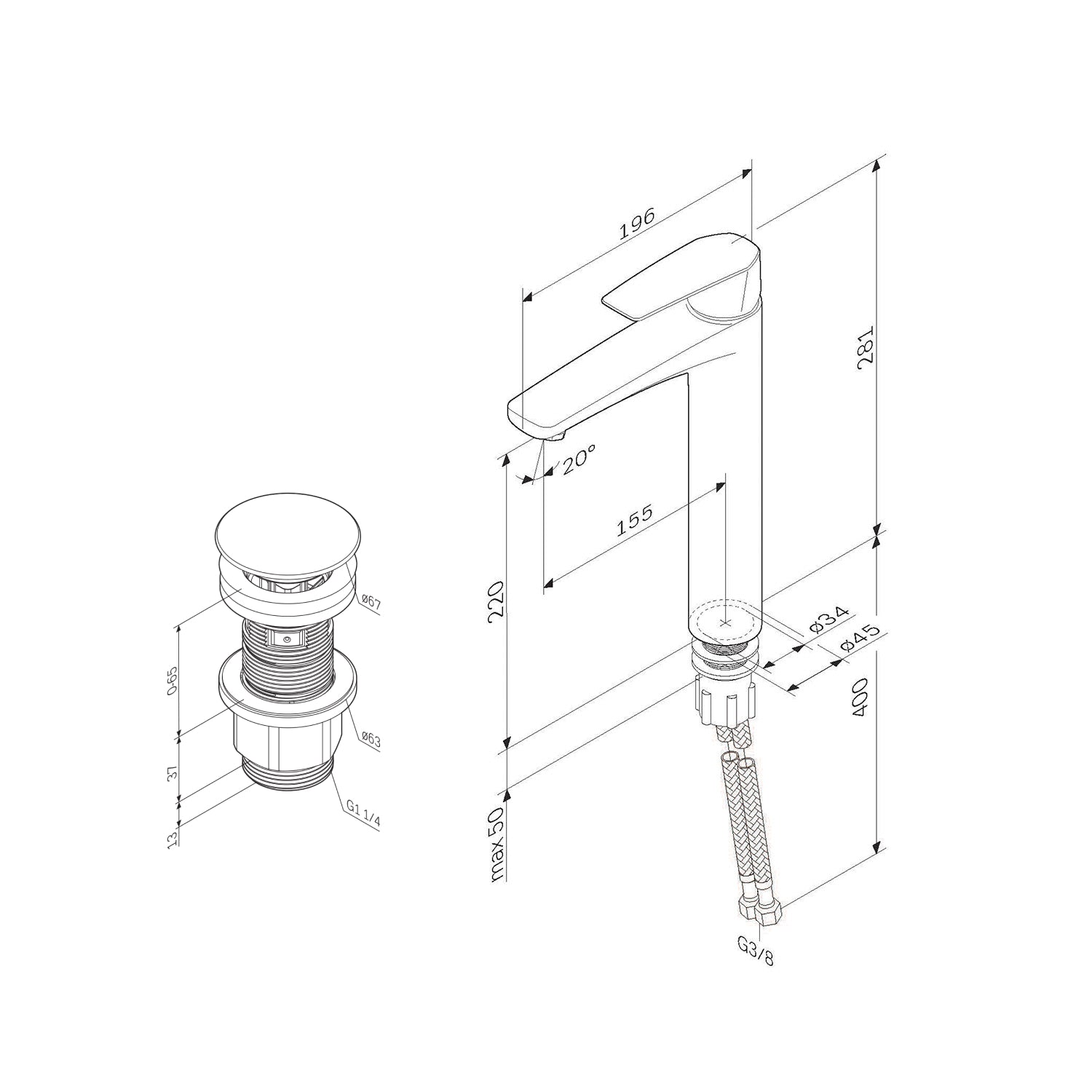 FGA92222 Bad Armatur Gem Waschtischarmatur Hoch mit Klick-Ablaufgarnitur Wasserhahn, Schwarz