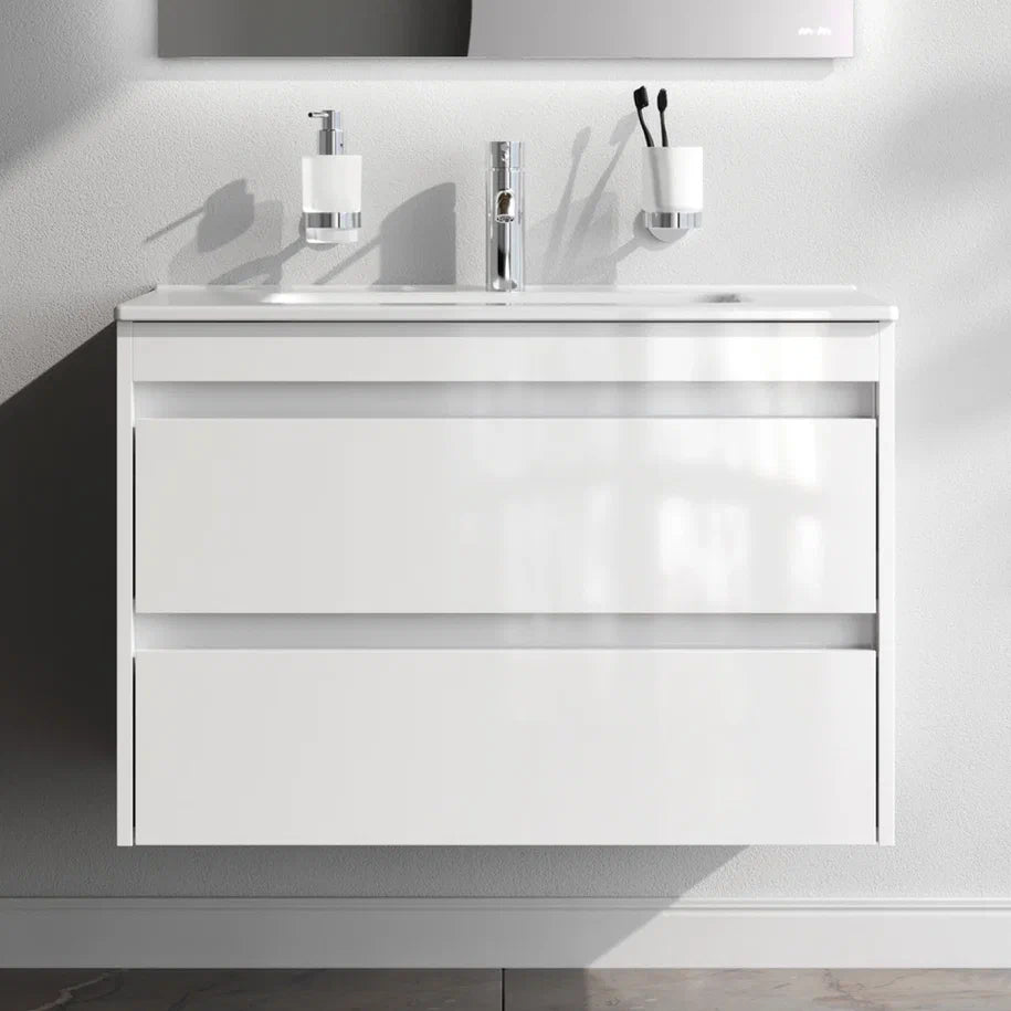 Ensemble de meubles de salle de bains avec lavabo et miroir rond à LED, 80 cm, 2 tiroirs, blanc brillant–MPA0802WGCMO4