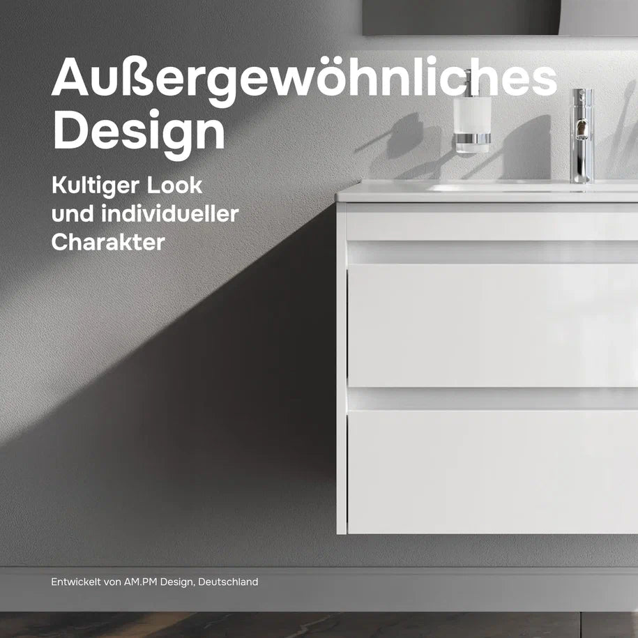 Ensemble de meubles de salle de bains avec lavabo et miroir rond à LED, 80 cm, 2 tiroirs, blanc brillant–MPA0802WGCMO4
