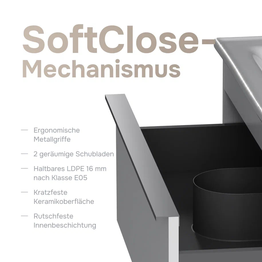 Badmöbel-Set mit Waschbecken und rundem LED-Badspiegel, 80 cm, 2 Schubladen, Weiß glänzend – MTA0802WGCMO4