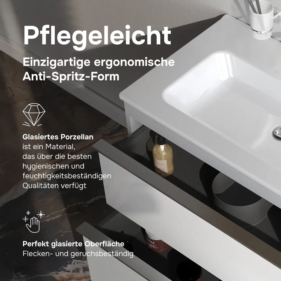 Badmöbel-Set mit Waschbecken und rundem LED-Badspiegel, 80 cm, 2 Schubladen, Weiß glänzend – MTA0802WGCMO4
