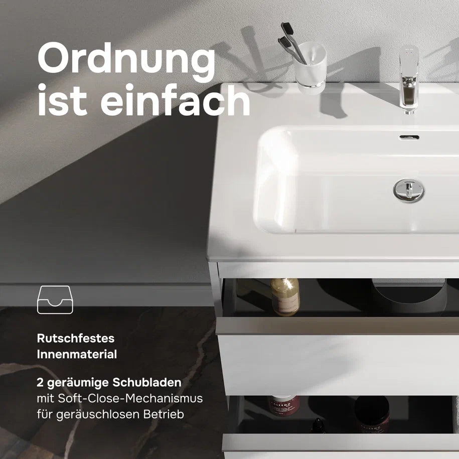 Badmöbel-Set mit Waschbecken und rundem LED-Badspiegel, 80 cm, 2 Schubladen, Weiß glänzend – MTA0802WGCMO4