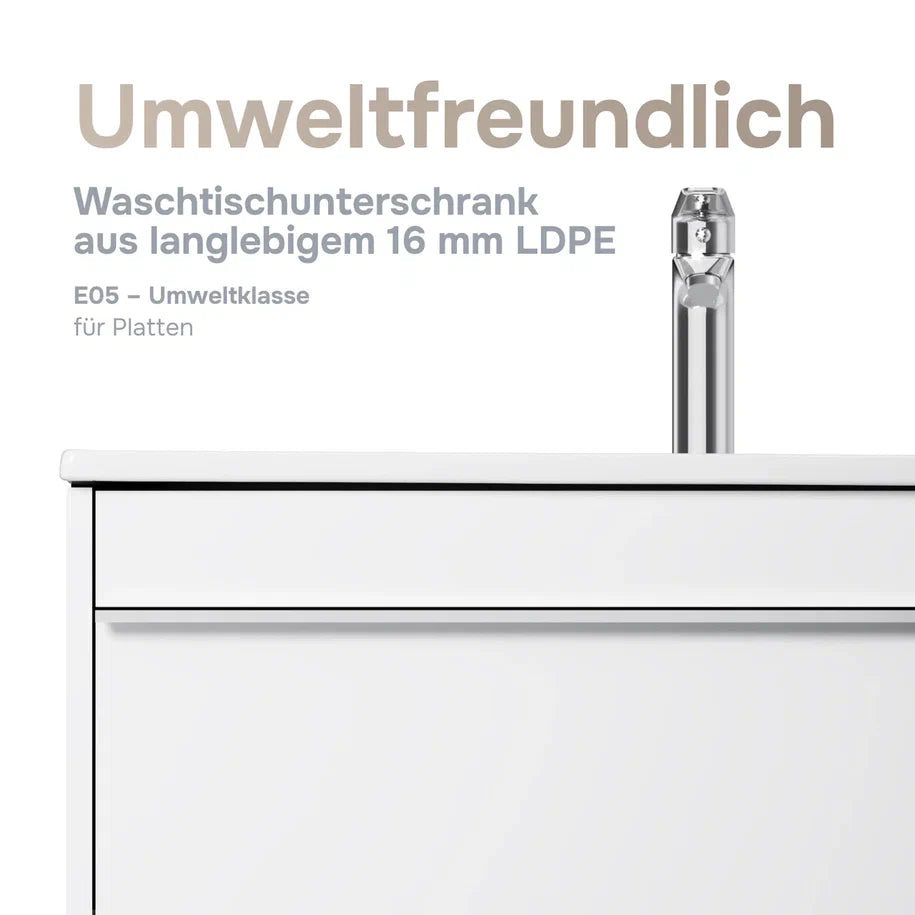 Badmöbel-Set mit Waschbecken und rundem LED-Badspiegel, 80 cm, 2 Schubladen, Weiß glänzend – MTA0802WGCMO4