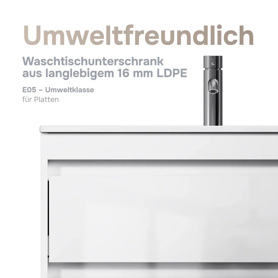 Ensemble de meubles de salle de bains avec lavabo et miroir rond à LED, 80 cm, 2 tiroirs, blanc brillant–MPA0802WGCMO4