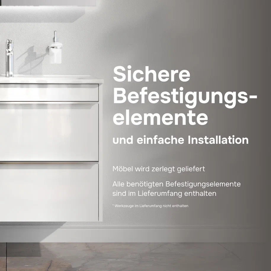 Badmöbel-Set mit Waschbecken und rundem LED-Badspiegel, 80 cm, 2 Schubladen, Weiß glänzend – MTA0802WGCMO4