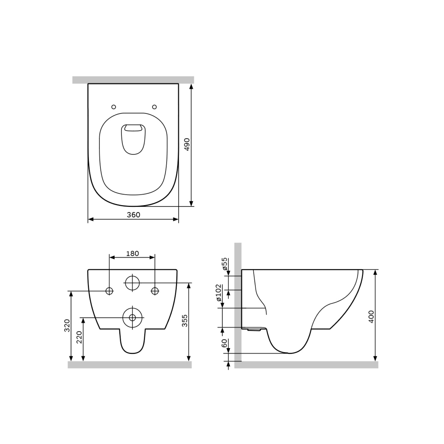 WC suspendu avec abattant CAB1900PSC. Compatible avec le système AquaSpin, WC à chasse d'eau profonde, sans bride, avec couvercle. 
