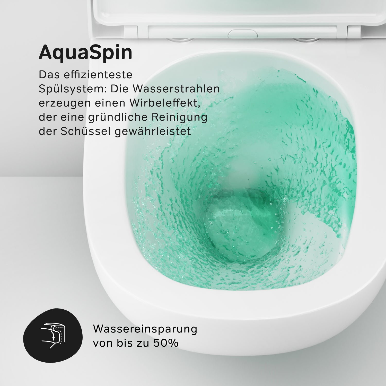 WC suspendu avec abattant CAB1900PSC. Compatible avec le système AquaSpin, WC à chasse d'eau profonde, sans bride, avec couvercle. 