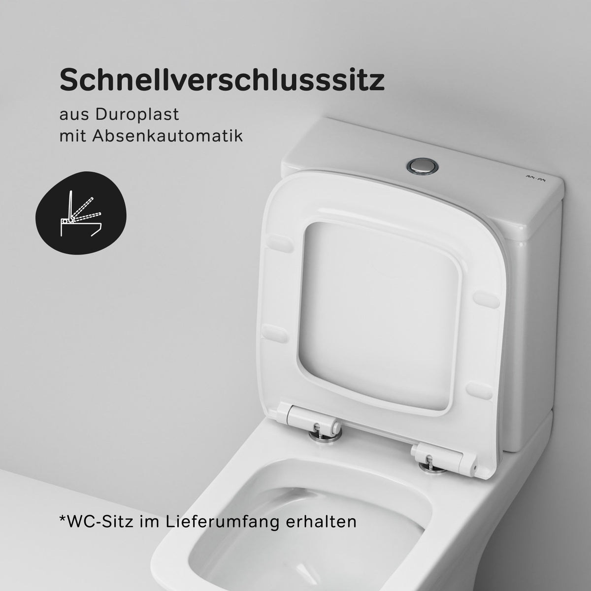 Stand-WC Gem mit waagerechtem Wandabgang (PK), spülrandlos mit Soft-Close-WC-Sitz – CGA8601PSC