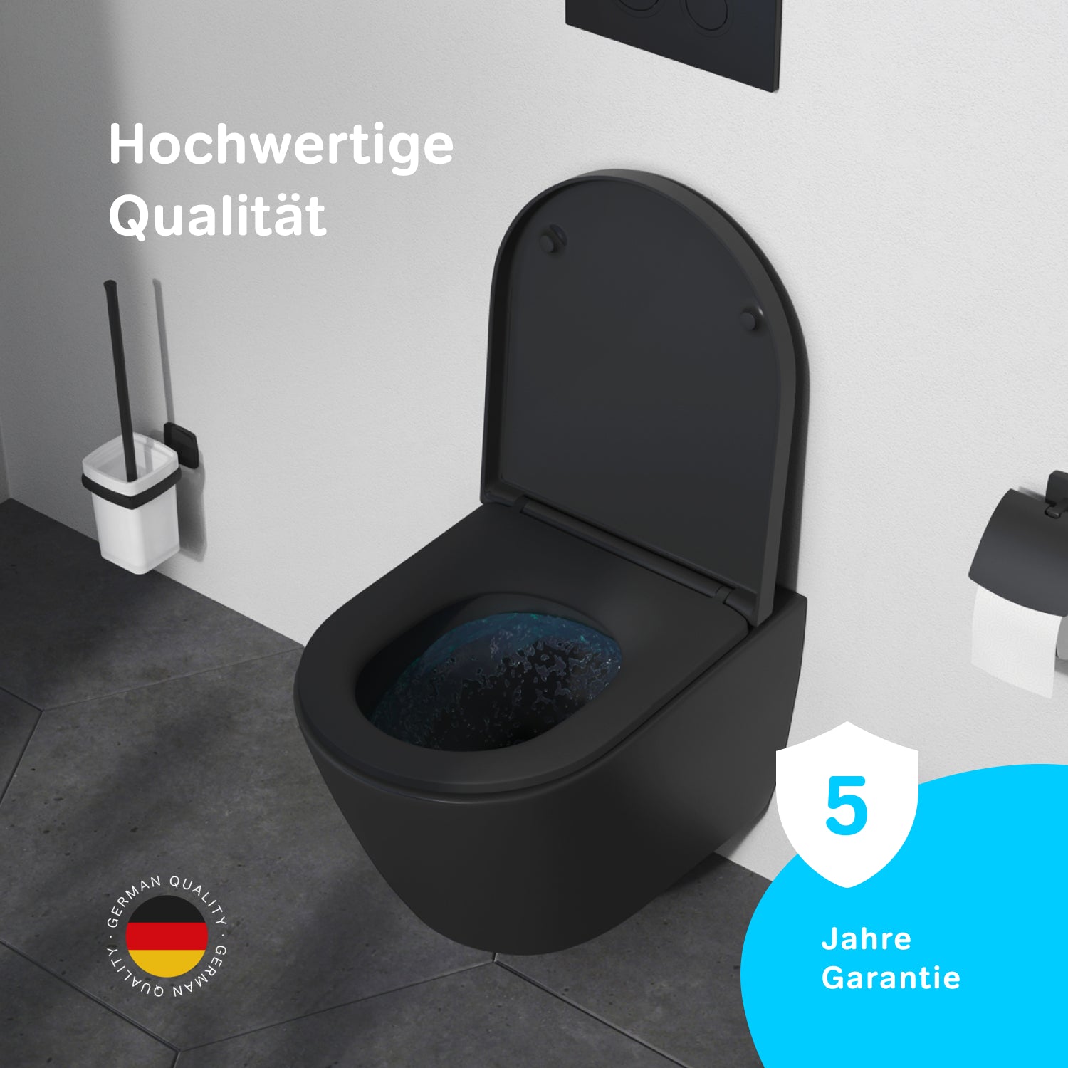 CNA1901PMBSC WC suspendu avec abattant Flash AquaSpin, WC à chasse d'eau profonde, sans bride, avec couvercle, noir