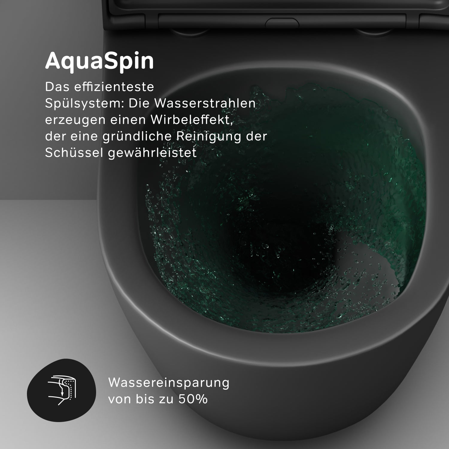 CNA1901PMBSC WC suspendu avec abattant Flash AquaSpin, WC à chasse d'eau profonde, sans bride, avec couvercle, noir