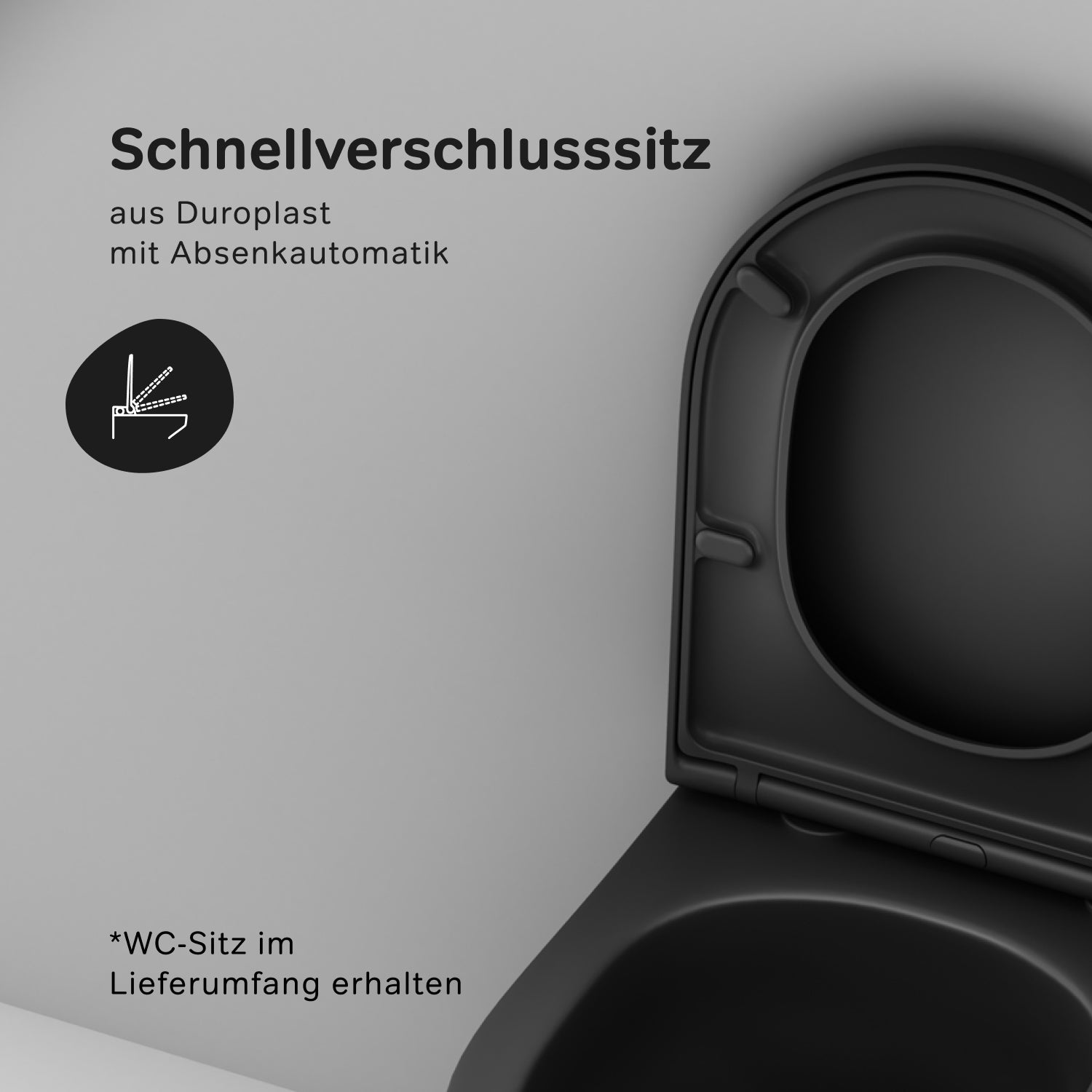 CNA1901PMBSC WC suspendu avec abattant Flash AquaSpin, WC à chasse d'eau profonde, sans bride, avec couvercle, noir