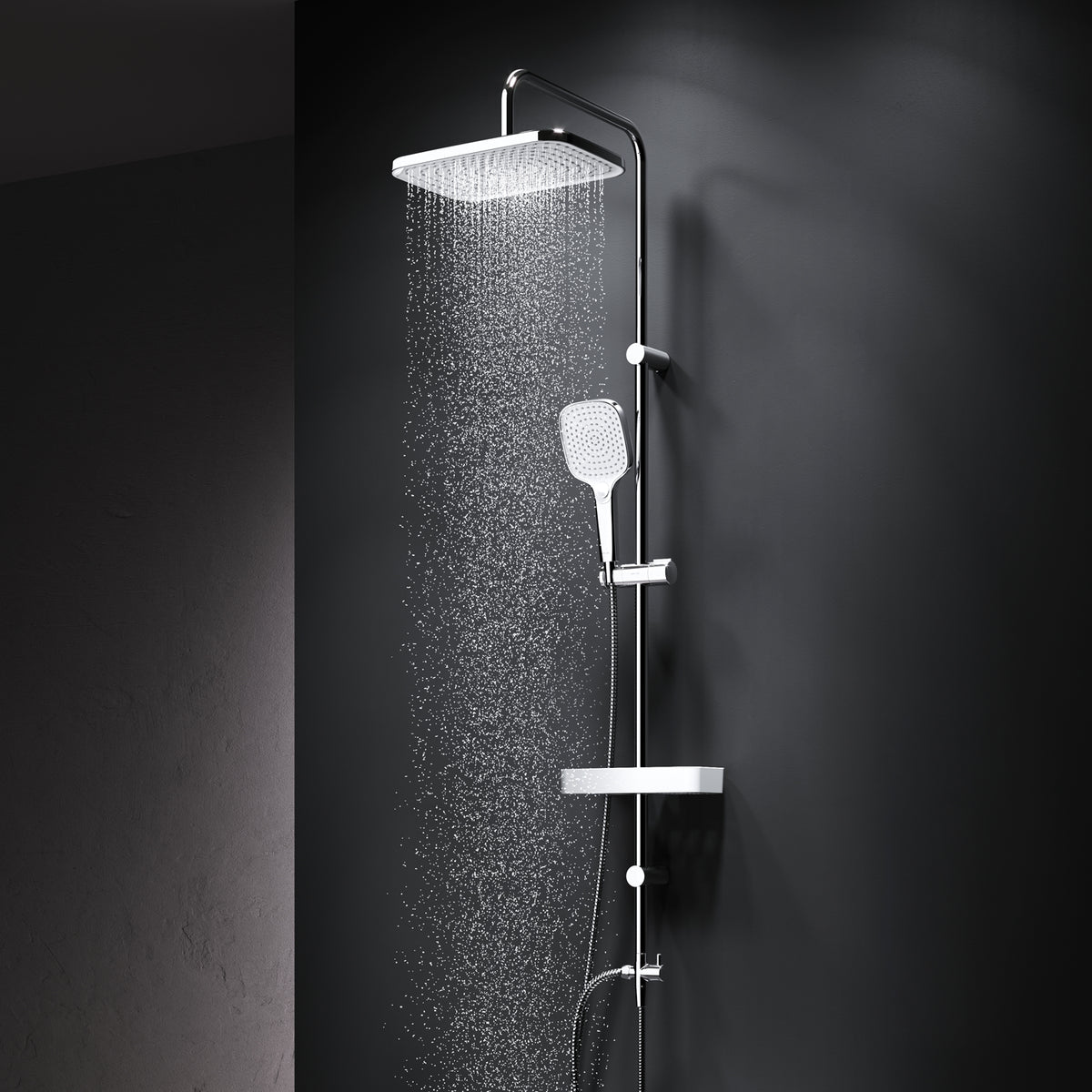 Système de douche ludique avec douche à effet pluie et étagère de douche–F078W203