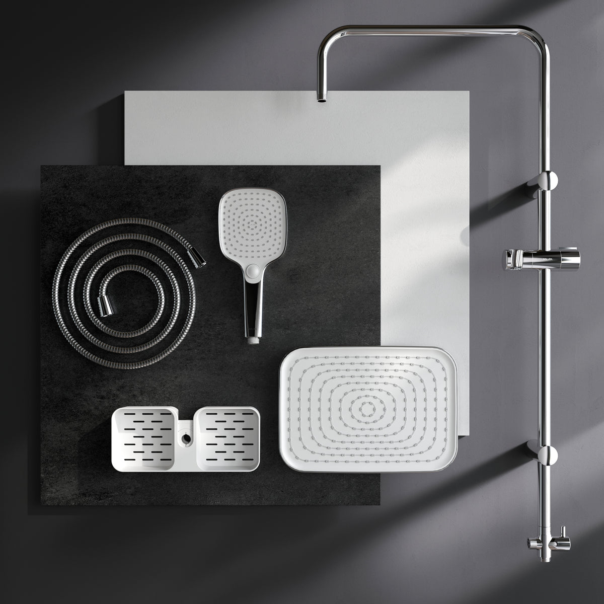 Système de douche ludique avec douche à effet pluie et étagère de douche–F078W203