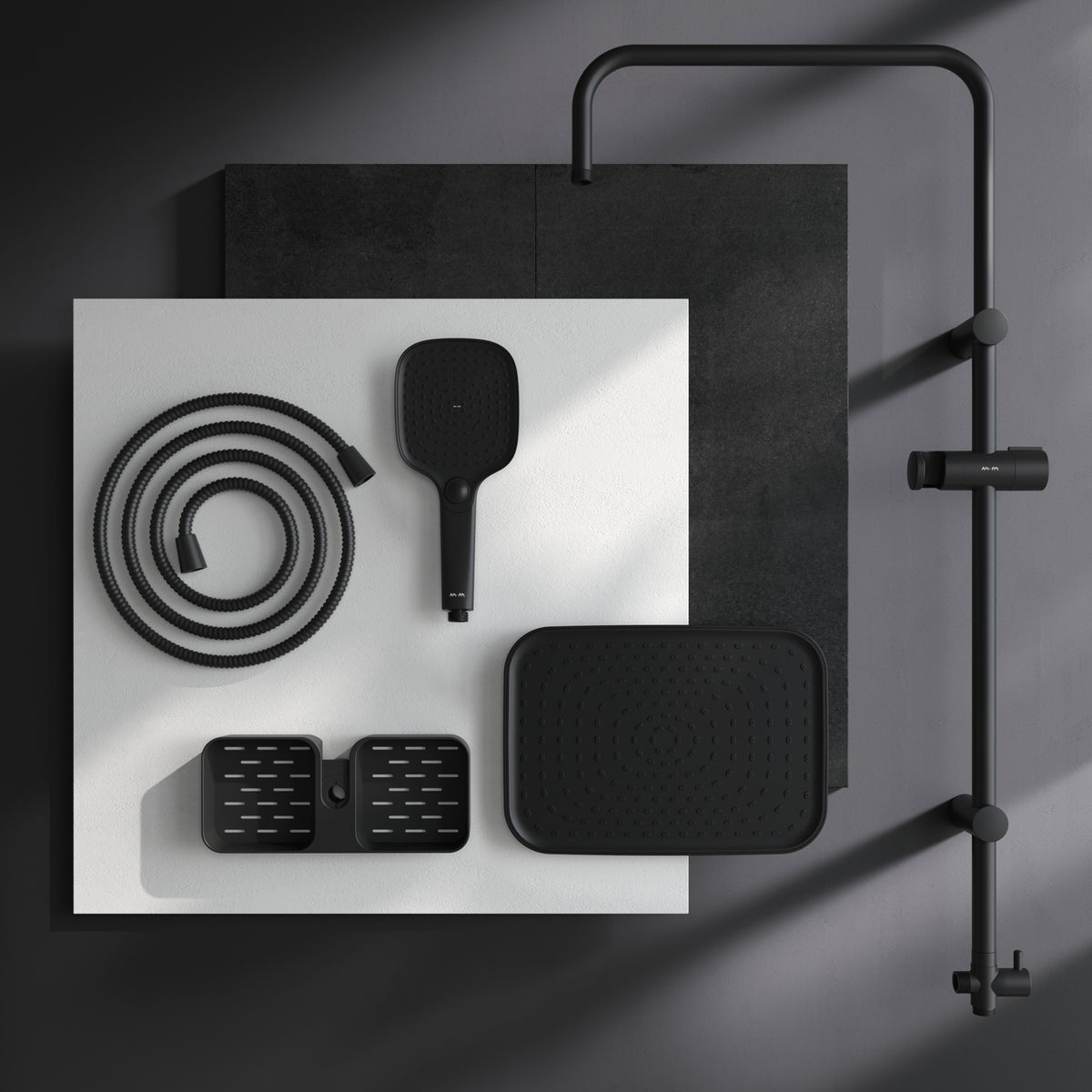 Système de douche Play avec douche à effet pluie et étagère de douche, noir–F078W222