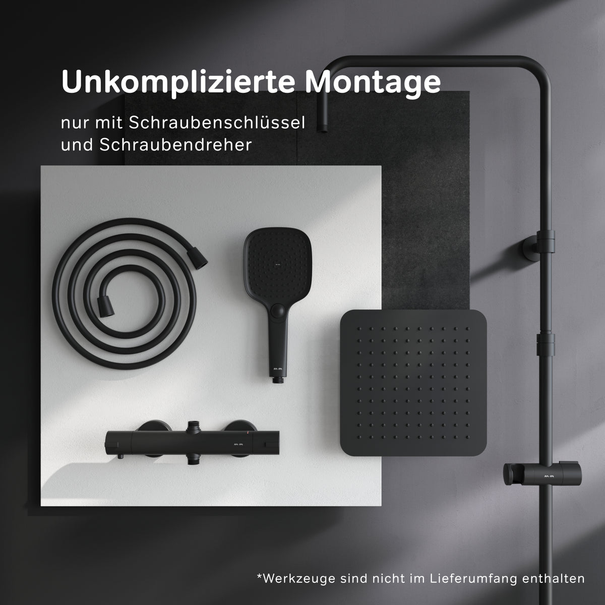 Système de douche Play avec thermostat et pommeau de douche effet pluie, noir–F078X422