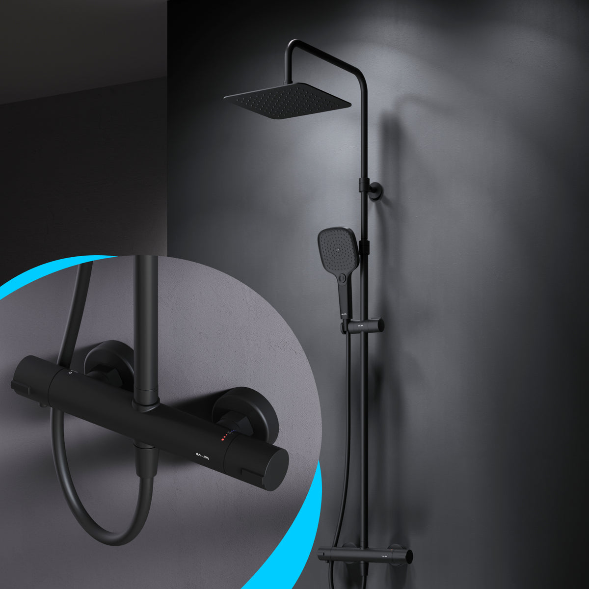 Système de douche Play avec thermostat et pommeau de douche effet pluie, noir–F078X422