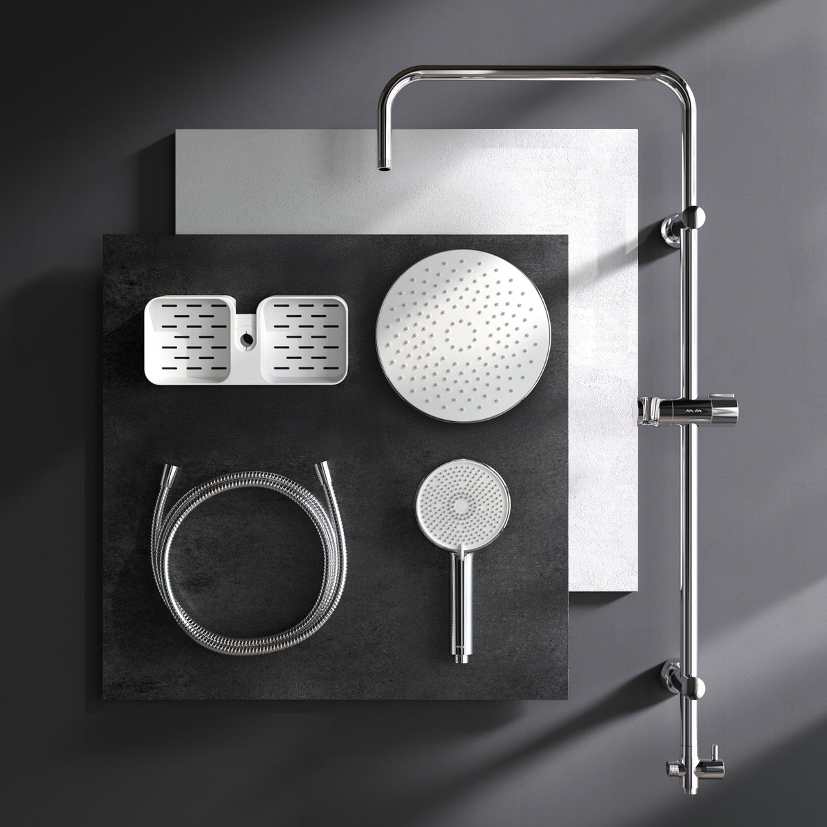 Système de douche ludique avec douche à effet pluie et étagère de douche–F078Y203