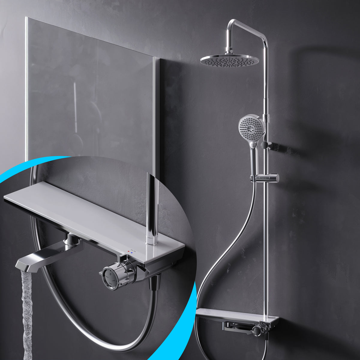 Système de douche Flash avec pommeau de douche effet pluie et mitigeur à étagère–F079H700