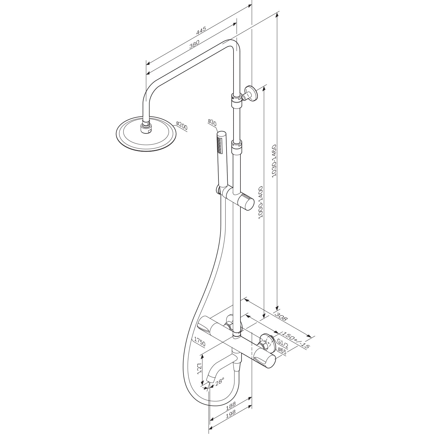 F07PA500 Duschsystem mit Thermostat Armatur und Wanneneinlauf Spike Regendusche set Duschsäule ampm-store.de