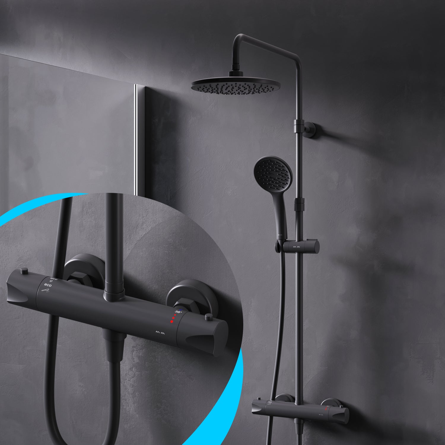 F07TA422 système de douche avec robinetterie thermostatique Hit set de douche à effet pluie colonne de douche, noir