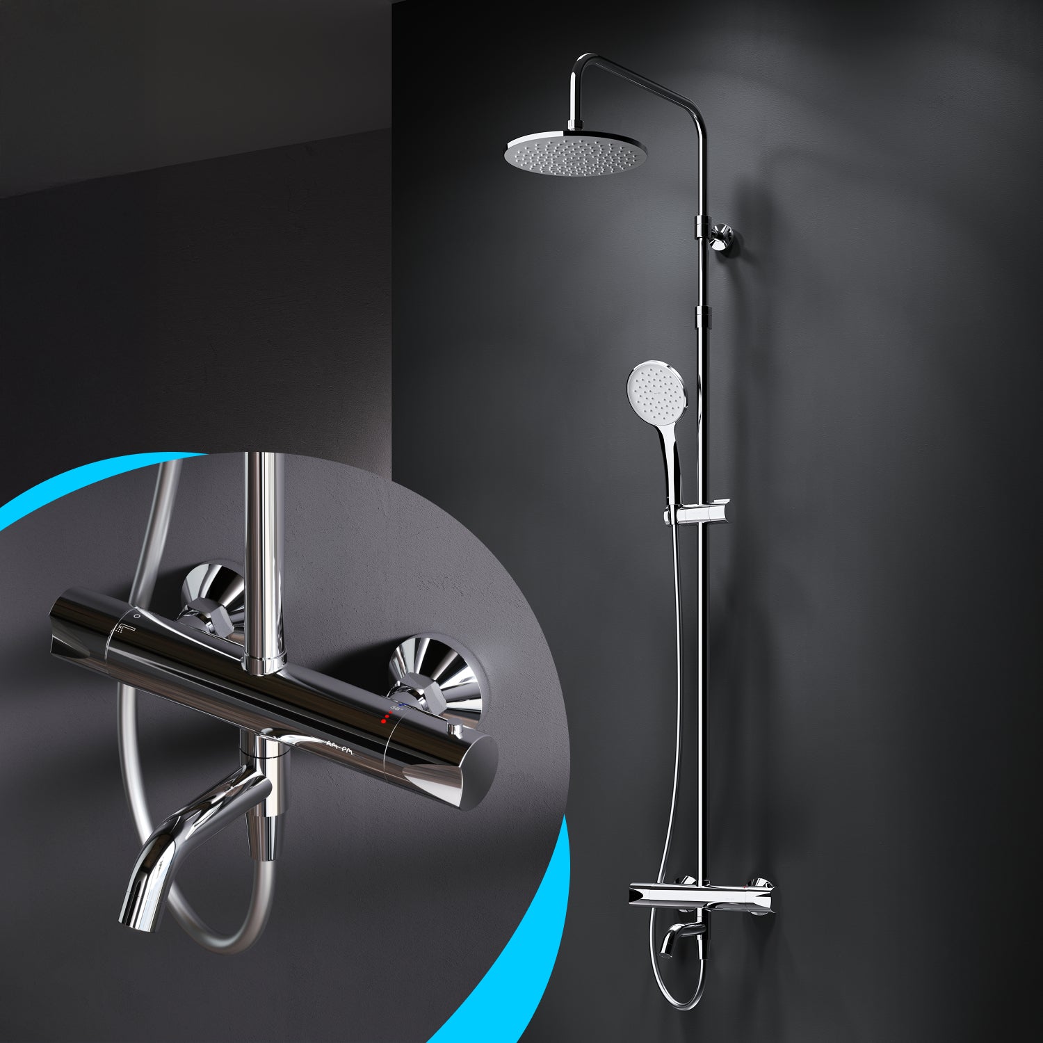 F07TA500 Duschsystem mit Thermostat Armatur und Wanneneinlauf Hit Regendusche set Duschsäule