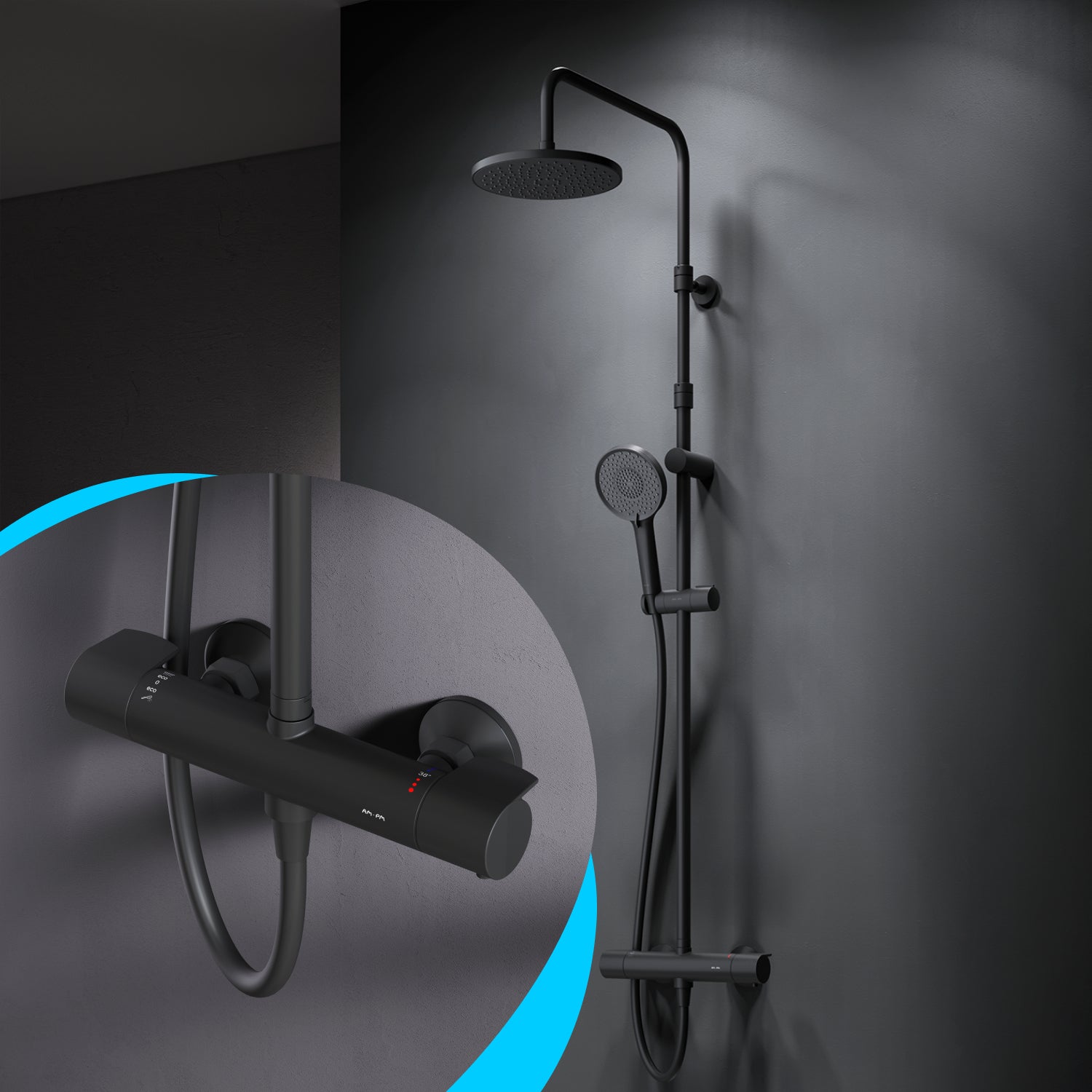 F07XA422 Système de douche avec thermostatique, robinetterie de douche X-Joy, colonne de douche à effet pluie, noir