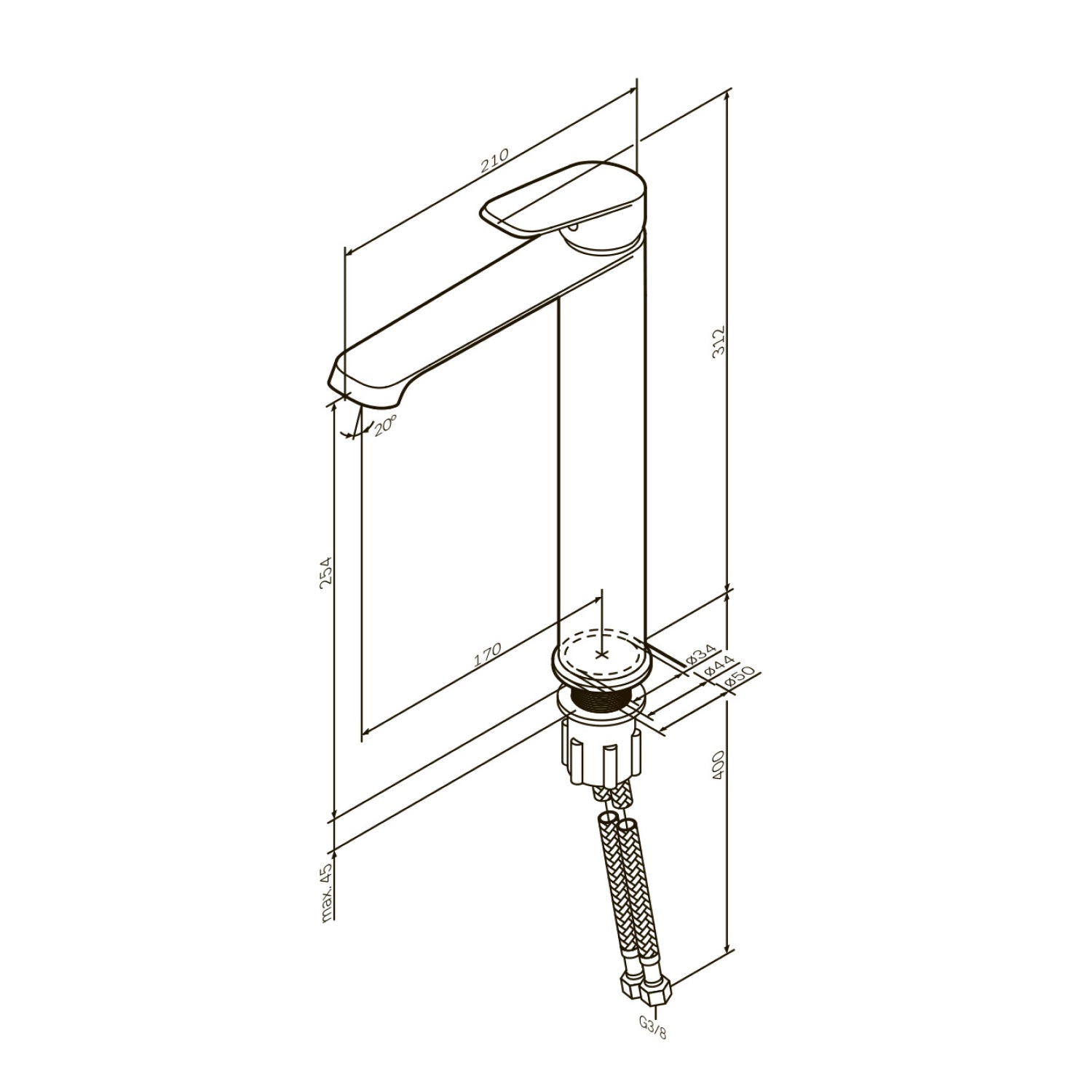 Robinet de salle de bain F8F92200 avec robinet de lavabo haut et bonde à clic. 