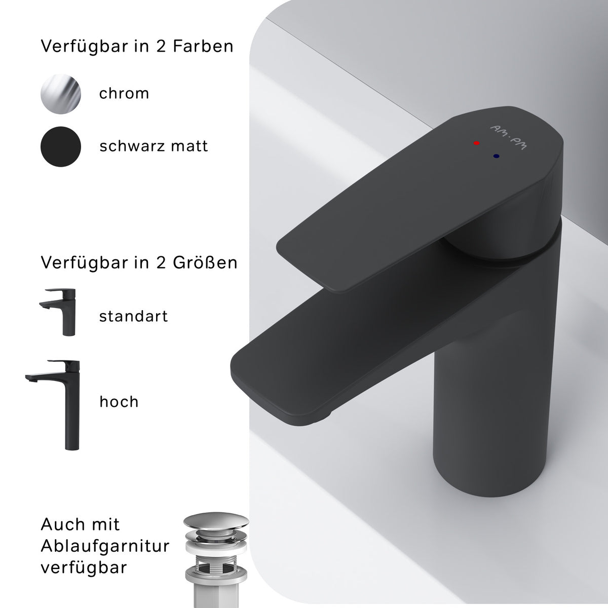 FGA02122 Bad Armatur Gem Waschtischarmatur Wasserhahn, Schwarz ampm-store.de