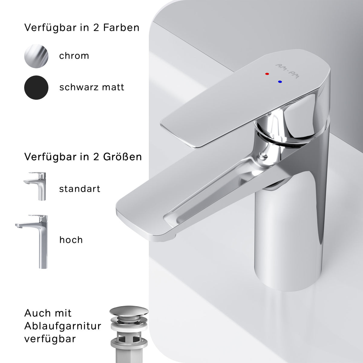 FGA82100 Bad Armatur Gem Waschtischarmatur mit Klick-Ablaufgarnitur Wasserhahn ampm-store.de