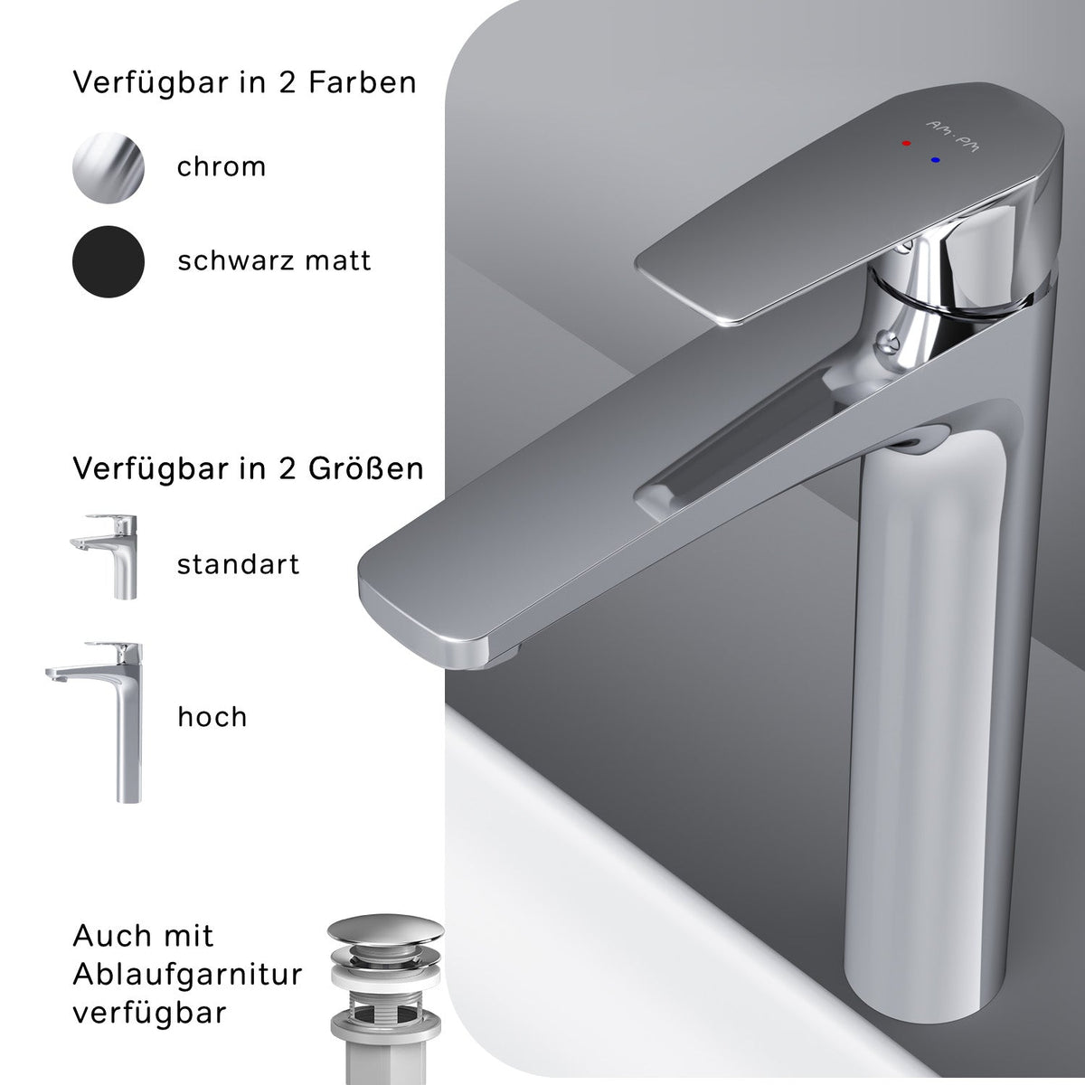 FGA92200 Bad Armatur Gem Waschtischarmatur Hoch mit Klick-Ablaufgarnitur Wasserhahn ampm-store.de