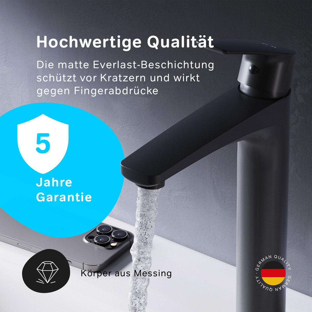 FGA92222 Bad Armatur Gem Waschtischarmatur Hoch mit Klick-Ablaufgarnitur Wasserhahn, Schwarz ampm-store.de