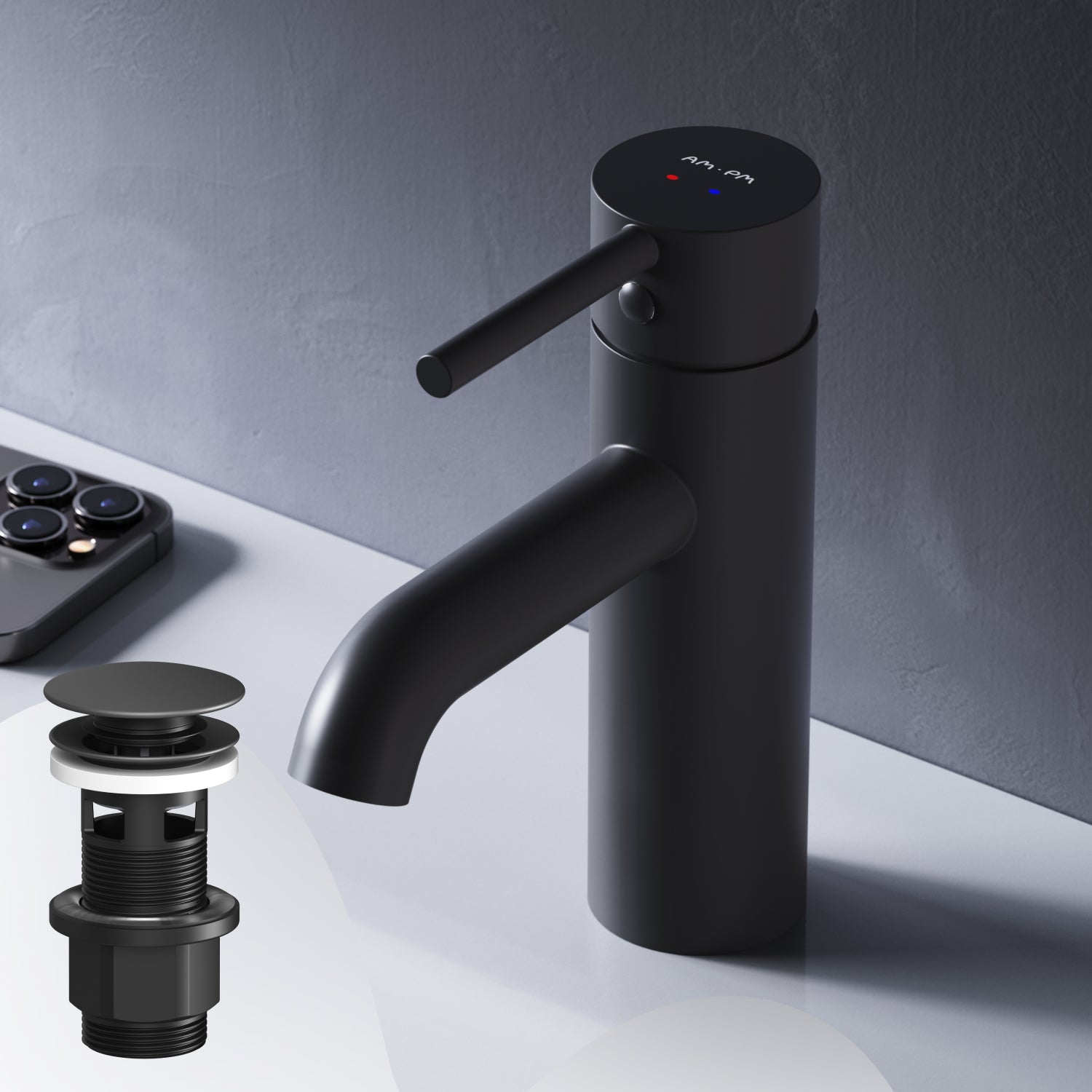 FPA82122 Robinet de salle de bain Mélangeur de lavabo à pointe avec robinet de vidage à clic, Noir