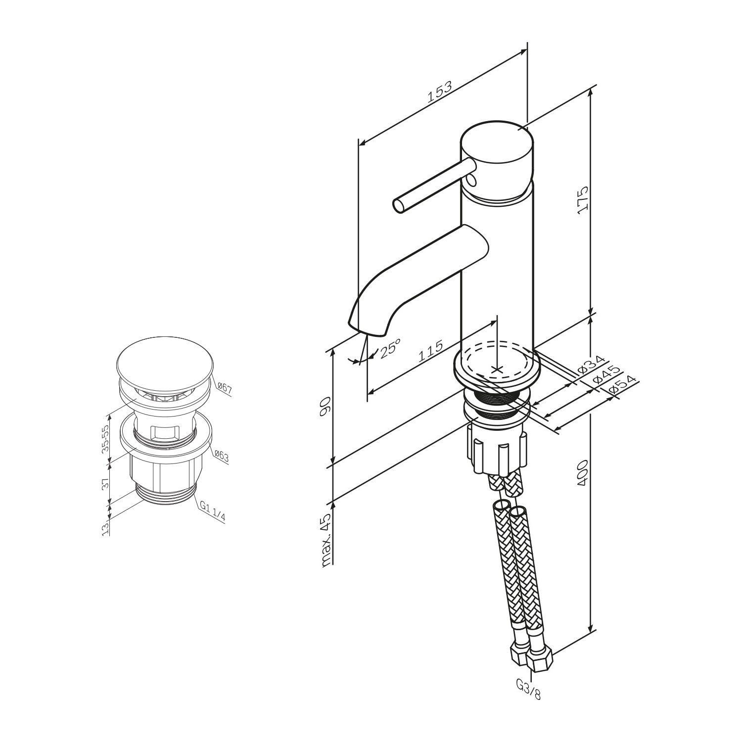 FPA82122 Robinet de salle de bain Mélangeur de lavabo à pointe avec robinet de vidage à clic, Noir
