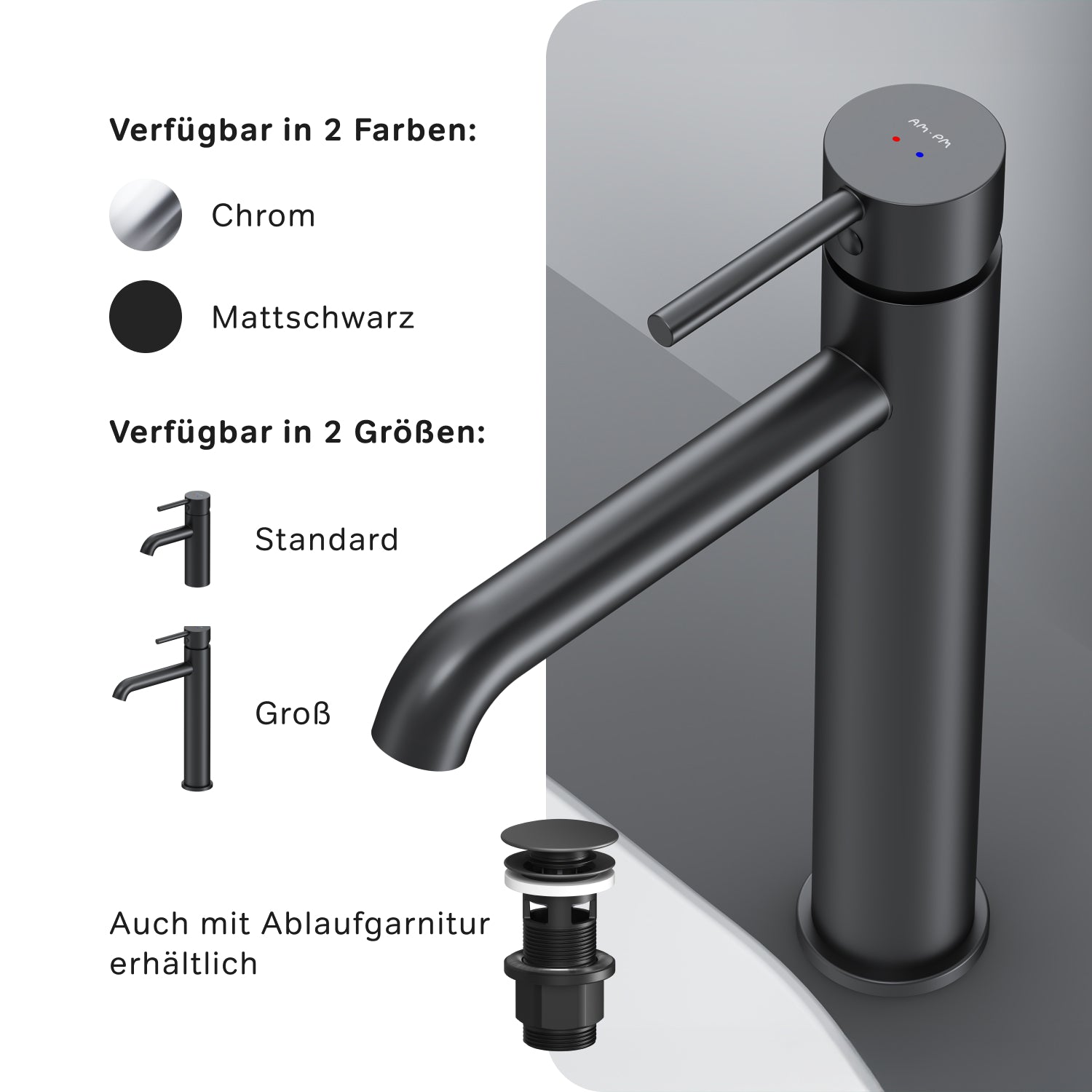 FPA92022 Bad Armatur Spike Waschtischarmatur mit hohem Auslauf Wasserhahn Schwarz