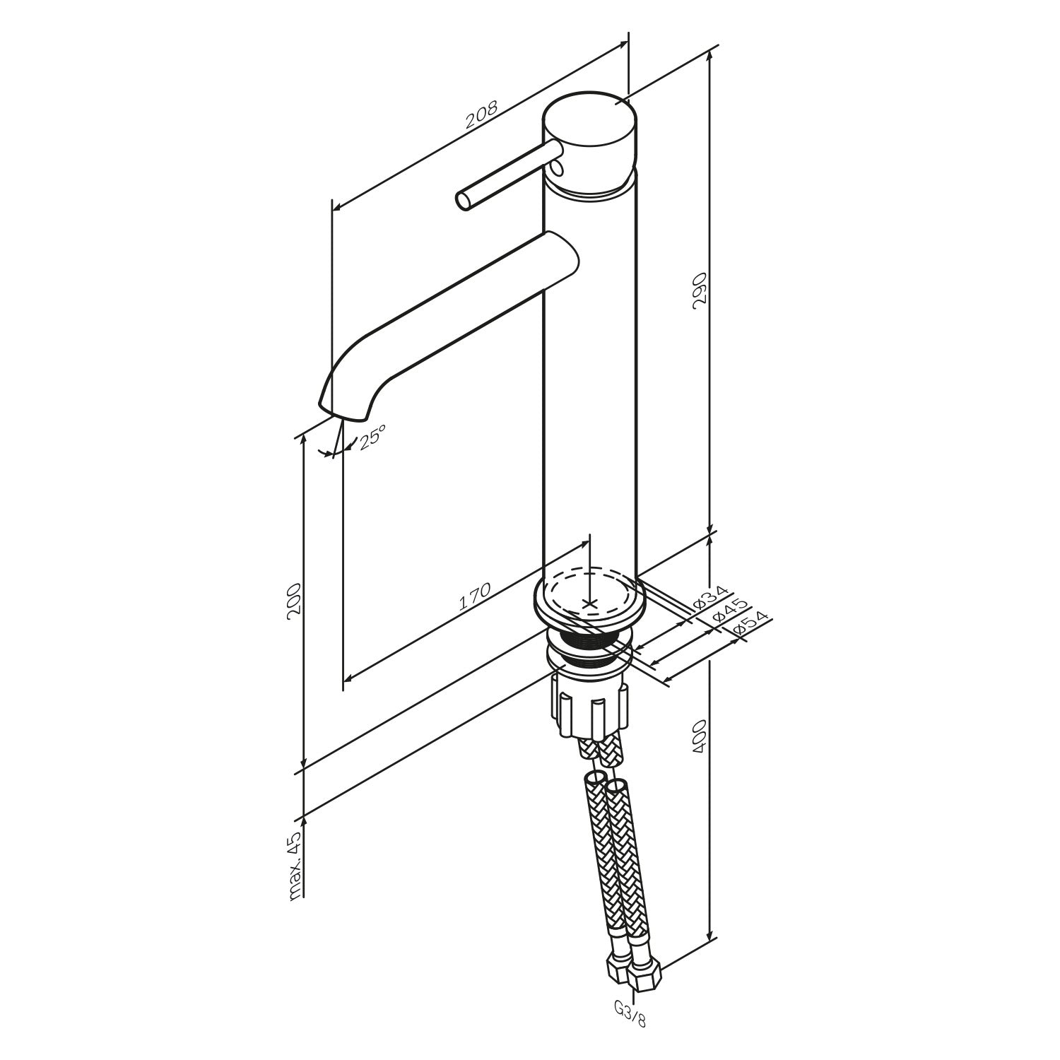 FPA92200 Bad Armatur Spike Waschtischarmatur Hoch mit Klick-Ablaufgarnitur Wasserhahn