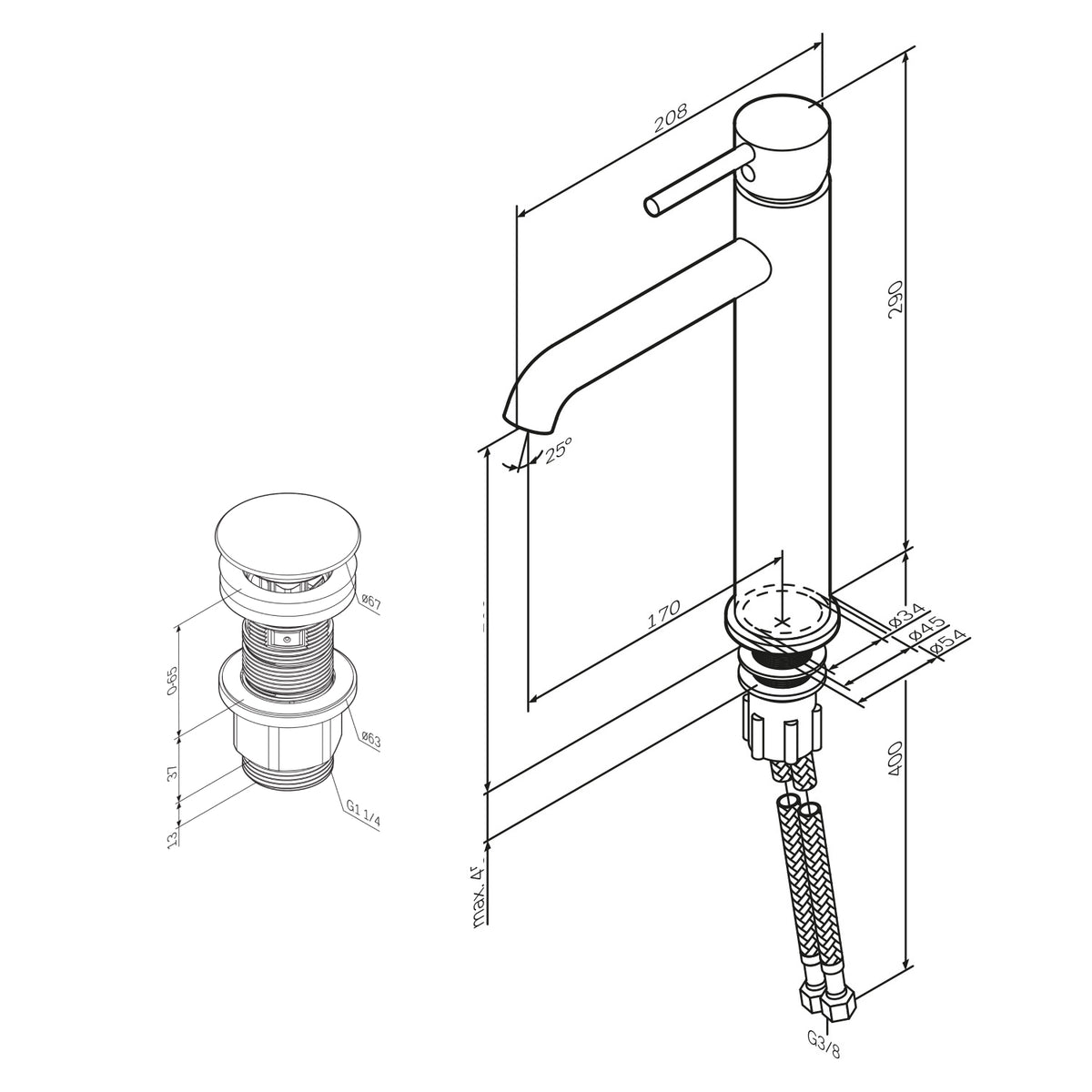 Robinet mitigeur de lavabo haut à pointe avec bonde clic, noir–FPA92222