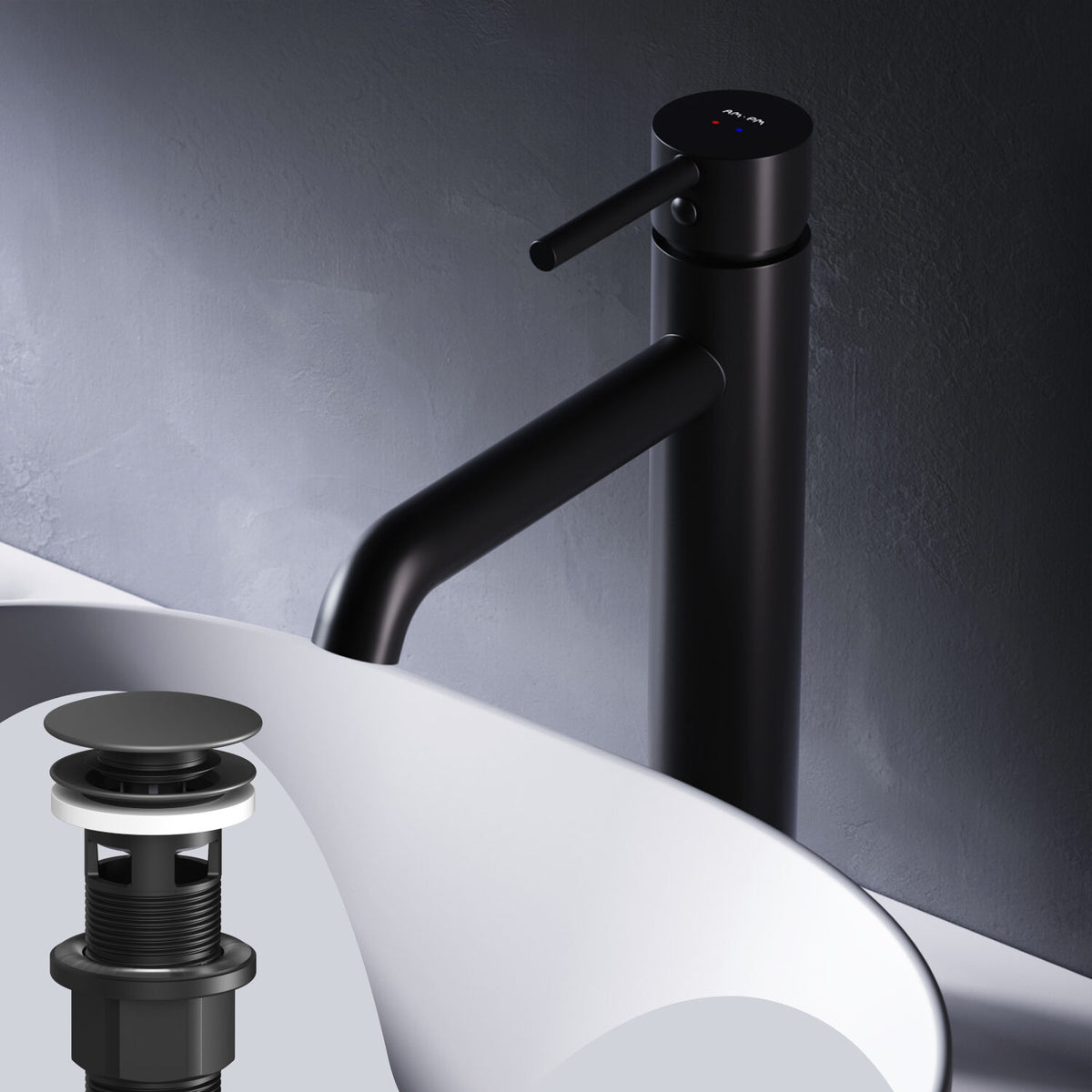 Robinet mitigeur de lavabo haut à pointe avec bonde clic, noir–FPA92222
