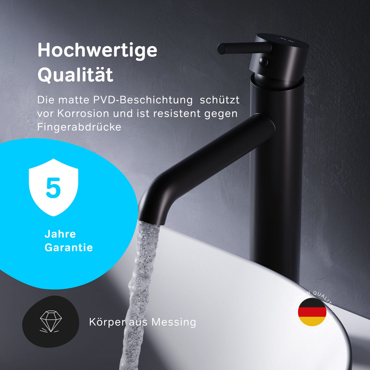 Robinet mitigeur de lavabo haut à pointe avec bonde clic, noir–FPA92222