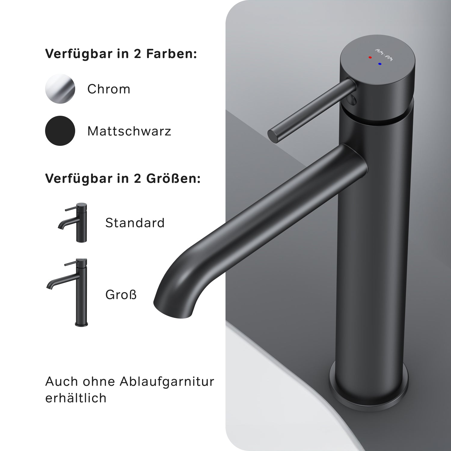 FPA92222 Bad Armatur Spike Waschtischarmatur Hoch mit Klick-Ablaufgarnitur Wasserhahn Schwarz