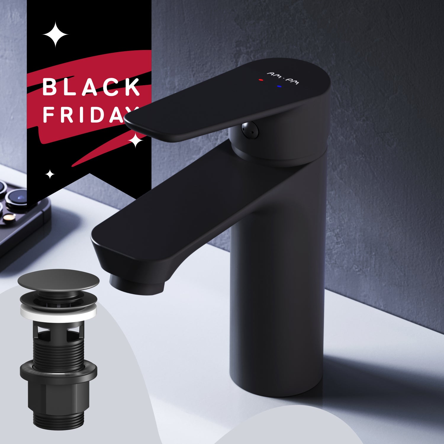 FTA82222 Bad Armatur Hit Waschtischarmatur M-Größe mit Klick-Ablaufgarnitur Wasserhahn, Schwarz