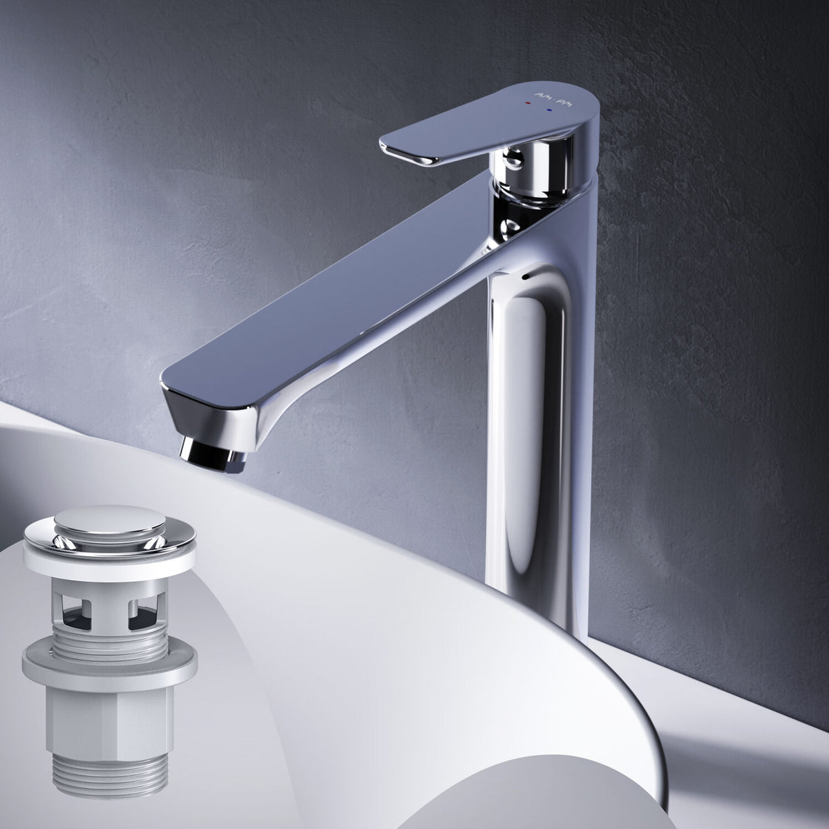 FTA92200 Bad Armatur Hit Waschtischarmatur Hoch mit Klick-Ablaufgarnitur Wasserhahn ampm-store.de