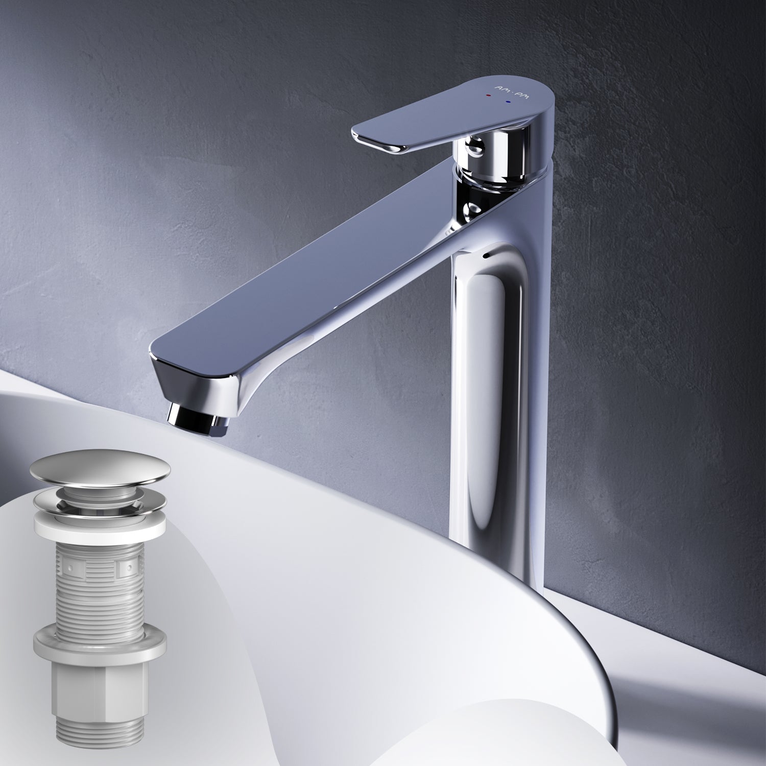 FTA92200 Bad Armatur Hit Waschtischarmatur Hoch mit Klick-Ablaufgarnitur Wasserhahn ampm-store.de