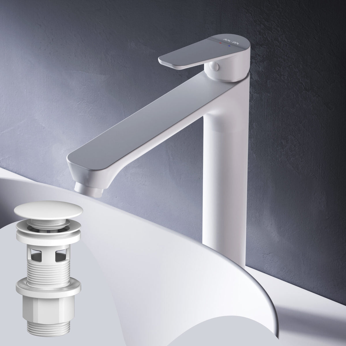 FTA92233 Bad Armatur Hit Waschtischarmatur Hoch mit Klick-Ablaufgarnitur Wasserhahn, Weiß ampm-store.de