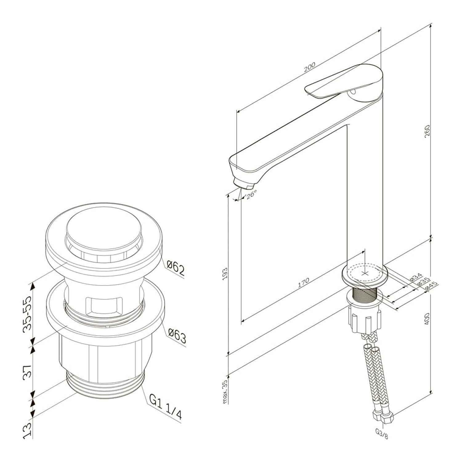 FTA92233 Bad Armatur Hit Waschtischarmatur Hoch mit Klick-Ablaufgarnitur Wasserhahn, Weiß ampm-store.de