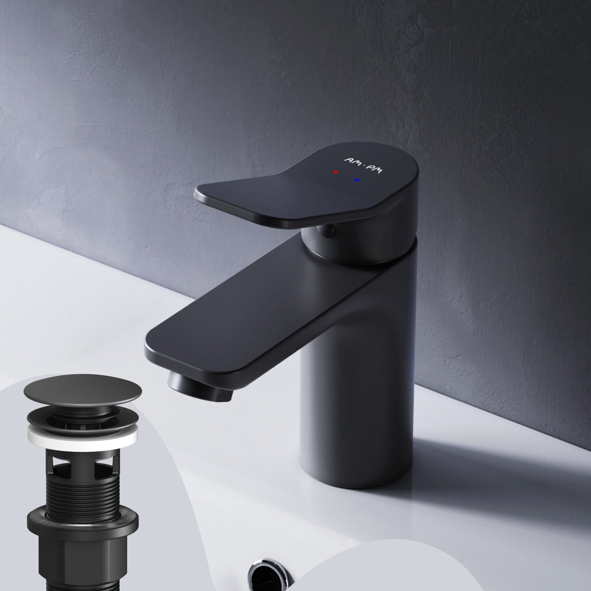 FXA82122 Bad Armatur X-Joy Waschtischarmatur mit Klick-Ablaufgarnitur Wasserhahn, Schwarz ampm-store.de