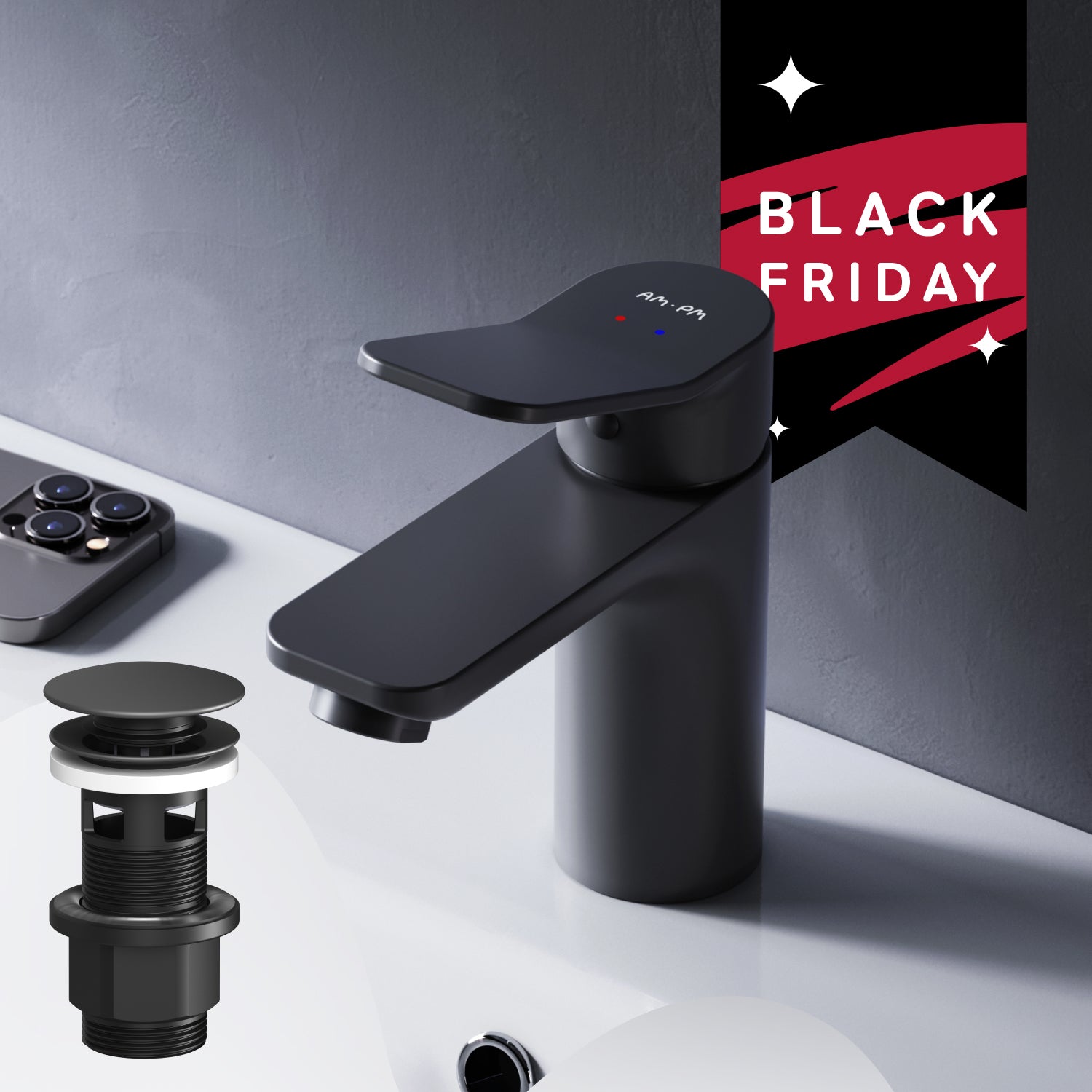 FXA82122 Bad Armatur X-Joy Waschtischarmatur mit Klick-Ablaufgarnitur Wasserhahn, Schwarz