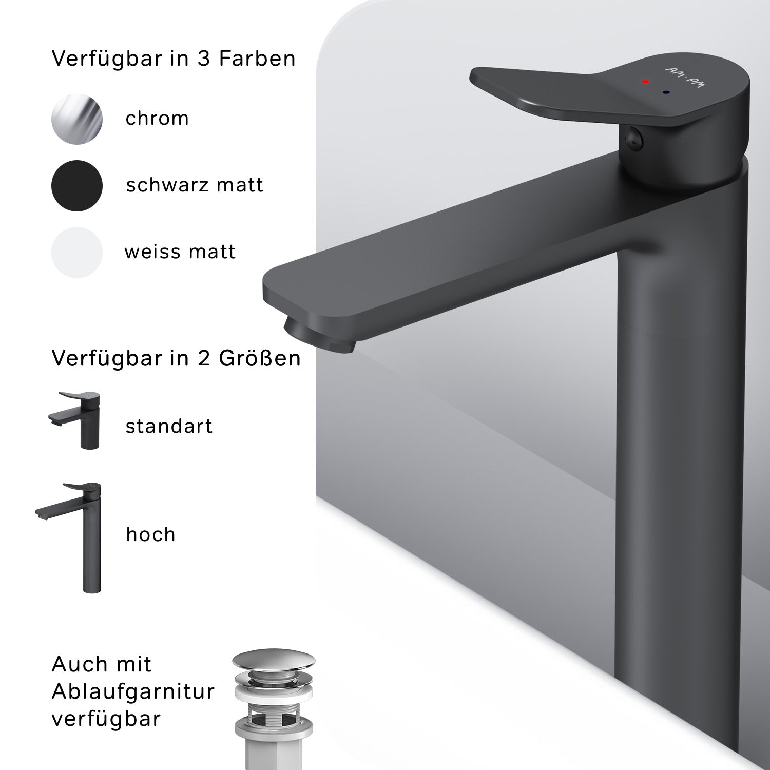 FXA92022 Bad Armatur X-Joy Waschtischarmatur mit hohem Auslauf Wasserhahn, Schwarz ampm-store.de